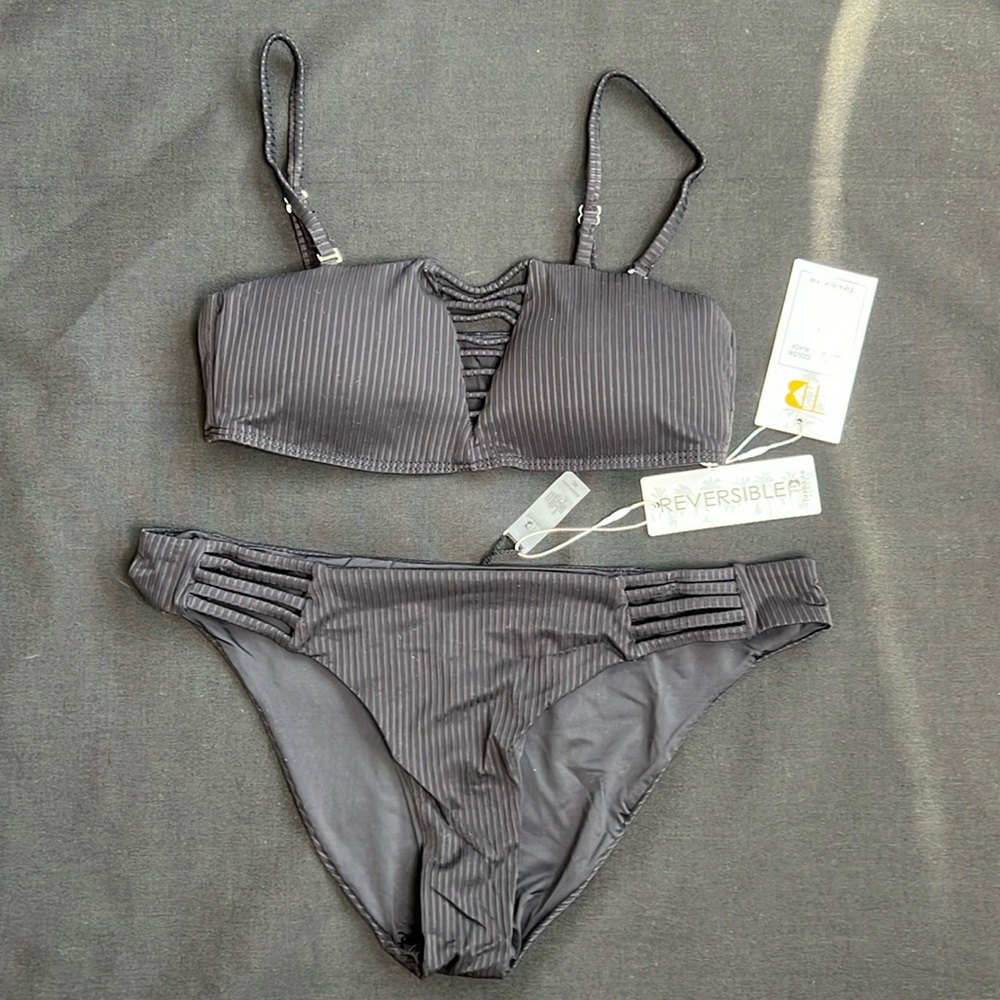 NWT Tinibikini Ribbed Bikini Swimsuit Black Size XL